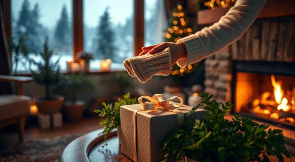 A cozy living room with a fireplace, dimly lit by soft warm lighting. In the foreground, a neatly wrapped present with a delicate bow sits on a coffee table, surrounded by lush, verdant potted plants. The middle ground features a pair of hands, one offering the gift tenderly to the other. In the background, a serene winter landscape can be seen through a large window, snow gently falling outside. The atmosphere is intimate, romantic, and filled with the spirit of the holiday season, conveying the sentiment of presenting a loved one with a thoughtful, plant-based gift.