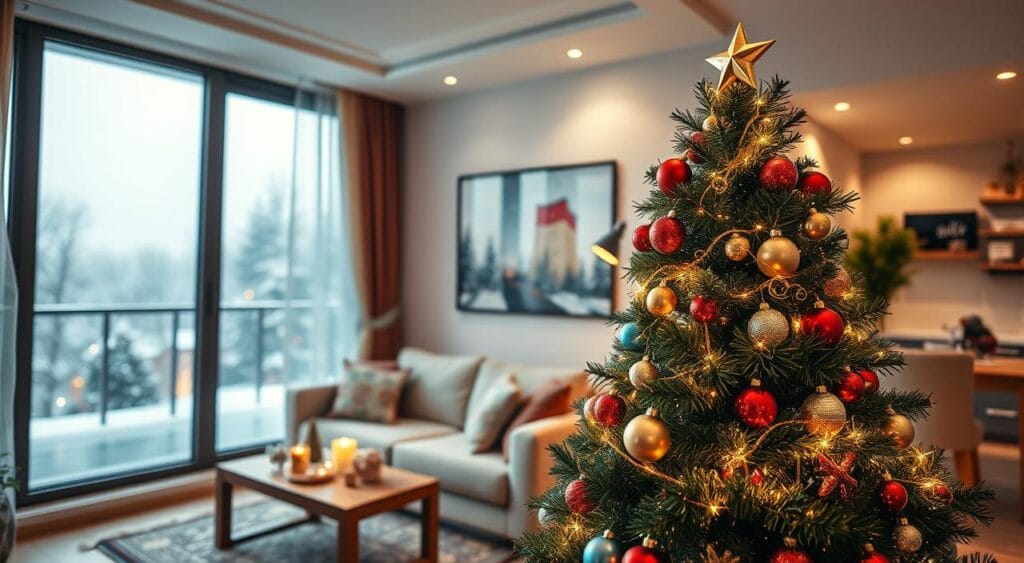 A cozy, modern apartment interior featuring a beautifully decorated Christmas tree (pinheiro de natal) in the foreground, adorned with colorful ornaments, twinkling lights, and a star on top. The tree is placed beside a large window that offers a glimpse of a wintery landscape outside, with soft snowflakes gently falling. In the middle ground, a plush sofa and a wooden coffee table with festive decorations enhance the holiday spirit. In the background, warm lighting permeates the room, creating a welcoming atmosphere. The camera angle should capture the tree from a slightly low perspective, emphasizing its height and grandeur while showcasing the apartment's inviting decor. The overall mood is joyful and festive, embodying the essence of holiday celebration in a home setting.