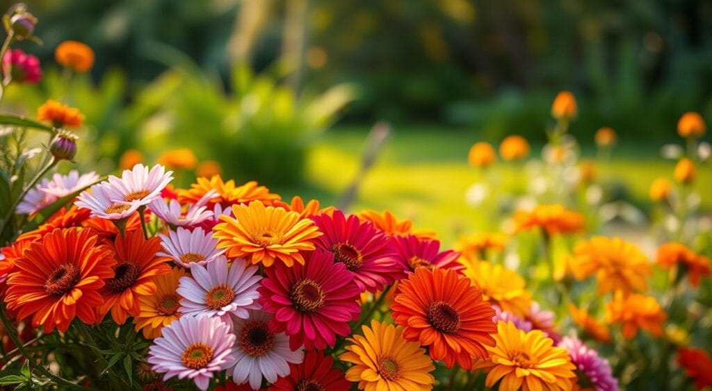 A lush and vibrant bouquet of ornamental flowers, showcasing the stunning diversity of the Zinnia family. In the foreground, a cluster of vibrant Zinnias in shades of red, orange, and yellow burst forth with delicate petals and captivating centers. The middle ground features a mix of complementary blooms, including delicate lavender and pink Cosmos, along with the bold and textured Marigolds. In the background, a soft, blurred landscape of greenery provides a serene and natural backdrop, illuminated by warm, golden sunlight filtering through the scene. The overall composition exudes a sense of beauty, vitality, and the joyful essence of these beloved garden flowers.