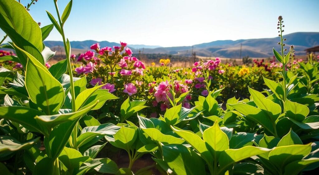 A lush and vibrant garden scene, showcasing a variety of fast-growing plants in the foreground. Verdant leafy foliage, with large, healthy stems and broad leaves, stretching towards the sun. In the middle ground, clusters of colorful blooms in shades of pink, purple, and yellow, swaying gently in a soft breeze. The background features a serene landscape, with rolling hills and a clear blue sky, creating a sense of depth and tranquility. The lighting is warm and natural, casting a golden glow over the entire scene, highlighting the vigorous growth and thriving nature of these accelerated plants. Captured with a wide-angle lens, providing a comprehensive view of this flourishing horticultural phenomenon.