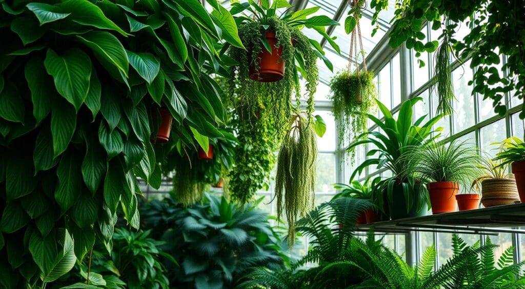 A lush, indoor greenhouse scene with verdant, tropical foliage cascading from hanging baskets and potted plants along shelving units. Broad-leafed philodendrons, Boston ferns, and Chinese evergreens fill the frame, their deep green hues contrasted by the bright, diffused natural light filtering in through large windows. A mist of fine water droplets creates a refreshing, humid ambiance, as if the plants are actively purifying and cooling the air. The overall composition conveys a sense of tranquility and natural respite from the summer heat. A lush, indoor greenhouse scene with verdant, tropical foliage cascading from hanging baskets and potted plants along shelving units. Broad-leafed philodendrons, Boston ferns, and Chinese evergreens fill the frame, their deep green hues contrasted by the bright, diffused natural light filtering in through large windows. A mist of fine water droplets creates a refreshing, humid ambiance, as if the plants are actively purifying and cooling the air. The overall composition conveys a sense of tranquility and natural respite from the summer heat.