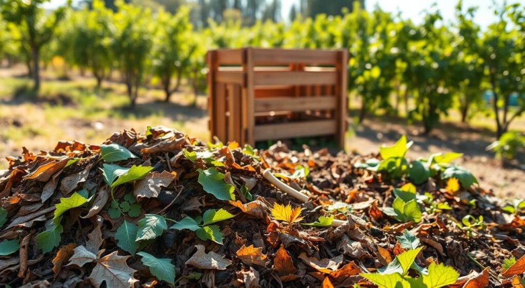 A lush outdoor composting area in the warm afternoon sunlight. In the foreground, various organic materials like leaves, food scraps, and garden trimmings are neatly arranged in distinct layers, forming an active compost pile. The middle ground shows a wooden composting bin or tumbler, its slats allowing airflow to the decomposing matter inside. In the background, a thriving vegetable garden or orchard provides a natural, earthy backdrop, hinting at the cycle of life and the benefits of healthy soil. The scene conveys a sense of harmony, sustainability, and the thoughtful, hands-on techniques of effective composting. A lush outdoor composting area in the warm afternoon sunlight. In the foreground, various organic materials like leaves, food scraps, and garden trimmings are neatly arranged in distinct layers, forming an active compost pile. The middle ground shows a wooden composting bin or tumbler, its slats allowing airflow to the decomposing matter inside. In the background, a thriving vegetable garden or orchard provides a natural, earthy backdrop, hinting at the cycle of life and the benefits of healthy soil. The scene conveys a sense of harmony, sustainability, and the thoughtful, hands-on techniques of effective composting.