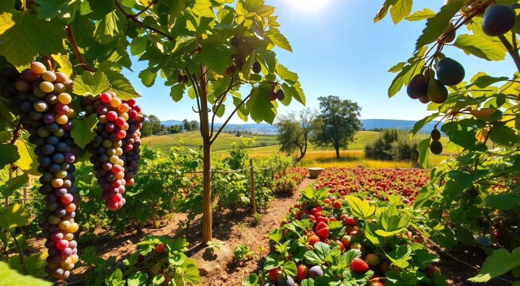 A lush, sun-drenched summer garden showcasing a vibrant array of fresh, ripe fruits. In the foreground, bountiful vines laden with juicy, glistening grapes cascade down trellises. Nearby, a bountiful fig tree stands tall, its broad leaves casting dappled shadows on the soil below. In the middle ground, a thriving strawberry patch bursts with plump, ruby-red berries. In the background, a backdrop of rolling hills and a serene, azure sky completes the idyllic scene. Warm, golden sunlight filters through the foliage, creating a warm, inviting atmosphere. Captured with a wide-angle lens to accentuate the verdant abundance and tranquil ambiance of this bountiful summer harvest.