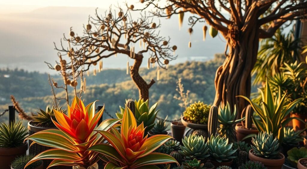A lush, sustainable Brazilian Christmas display featuring an array of native plants. In the foreground, a vibrant bromeliad plant takes center stage, its colorful leaves shimmering under warm, golden lighting. Surrounding it, a collection of potted succulents and cacti add texture and visual interest. In the middle ground, a stunningly sculptural native tree, perhaps an Araucaria or Brauna, rises majestically, its branches adorned with delicate, organic decorations. The background showcases a serene, natural landscape, with a soft, diffused glow to evoke a cozy, welcoming atmosphere. The overall composition celebrates the beauty and diversity of Brazil's unique flora, providing an eco-friendly, locally-sourced alternative to the traditional pine tree. A lush, sustainable Brazilian Christmas display featuring an array of native plants. In the foreground, a vibrant bromeliad plant takes center stage, its colorful leaves shimmering under warm, golden lighting. Surrounding it, a collection of potted succulents and cacti add texture and visual interest. In the middle ground, a stunningly sculptural native tree, perhaps an Araucaria or Brauna, rises majestically, its branches adorned with delicate, organic decorations. The background showcases a serene, natural landscape, with a soft, diffused glow to evoke a cozy, welcoming atmosphere. The overall composition celebrates the beauty and diversity of Brazil's unique flora, providing an eco-friendly, locally-sourced alternative to the traditional pine tree.