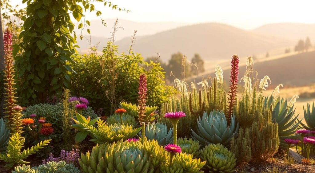A lush, sustainable garden nestled in a warm, natural setting. In the foreground, a vibrant arrangement of native plants and flowers, carefully curated to thrive with minimal water and maintenance. The middle ground features a variety of textures and shapes, from the soft foliage of trailing vines to the sculptural forms of succulents. In the background, a serene landscape unfolds, with rolling hills and a gentle, hazy sky illuminated by soft, diffused lighting. The overall composition evokes a sense of harmony and tranquility, reflecting the beauty and sustainability of the natural world.