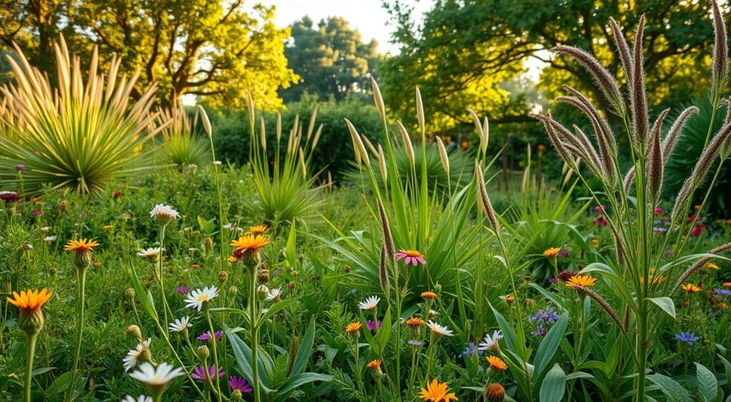 A lush, sustainable garden with thriving native Brazilian flora. A serene foreground of colorful wildflowers and verdant foliage, their delicate petals and leaves dancing gently in a soft breeze. The middle ground features a mix of tall, graceful grasses and shrubs, their shapes and textures creating a layered, naturalistic landscape. In the background, a verdant canopy of trees native to the region, their branches filtering warm, diffused sunlight that casts a golden glow across the scene. The overall atmosphere is one of harmony, balance, and a deep connection to the local ecosystem. Captured with a wide-angle lens to showcase the depth and expansiveness of this flourishing native garden oasis. A lush, sustainable garden with thriving native Brazilian flora. A serene foreground of colorful wildflowers and verdant foliage, their delicate petals and leaves dancing gently in a soft breeze. The middle ground features a mix of tall, graceful grasses and shrubs, their shapes and textures creating a layered, naturalistic landscape. In the background, a verdant canopy of trees native to the region, their branches filtering warm, diffused sunlight that casts a golden glow across the scene. The overall atmosphere is one of harmony, balance, and a deep connection to the local ecosystem. Captured with a wide-angle lens to showcase the depth and expansiveness of this flourishing native garden oasis.