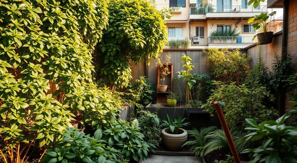 A lush, sustainable urban garden nestled in a compact city setting. Verdant foliage cascades from raised planter beds, creating a vibrant oasis amidst the concrete surroundings. Varied textures of leafy greens, flowering plants, and neatly trimmed shrubs fill the frame, illuminated by warm, natural lighting. In the foreground, a small seating area invites relaxation, while the background reveals a glimpse of neighboring townhouses, seamlessly blending the domestic and the natural. The overall scene conveys a sense of tranquility, environmental consciousness, and the growing trend of Brazilians embracing compact, sustainable gardens as an integral part of their urban living spaces.