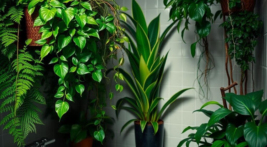 A lush, tranquil bathroom setting featuring a variety of thriving indoor plants. In the foreground, a cluster of resilient, moisture-loving species such as ferns, pothos, and philodendrons cascade gracefully from hanging baskets, their vibrant green leaves glistening under the soft, diffused lighting. In the middle ground, a potted snake plant and ZZ plant stand tall, their sculptural forms accentuated by the subtle shadows cast from the indirect illumination. The background reveals a tiled wall partially obscured by the foliage, creating a serene, spa-like atmosphere. The overall composition evokes a sense of calmness and harmony, perfectly suited for a bathroom oasis that embraces the needs of hardy, low-light dwelling plants. A lush, tranquil bathroom setting featuring a variety of thriving indoor plants. In the foreground, a cluster of resilient, moisture-loving species such as ferns, pothos, and philodendrons cascade gracefully from hanging baskets, their vibrant green leaves glistening under the soft, diffused lighting. In the middle ground, a potted snake plant and ZZ plant stand tall, their sculptural forms accentuated by the subtle shadows cast from the indirect illumination. The background reveals a tiled wall partially obscured by the foliage, creating a serene, spa-like atmosphere. The overall composition evokes a sense of calmness and harmony, perfectly suited for a bathroom oasis that embraces the needs of hardy, low-light dwelling plants.