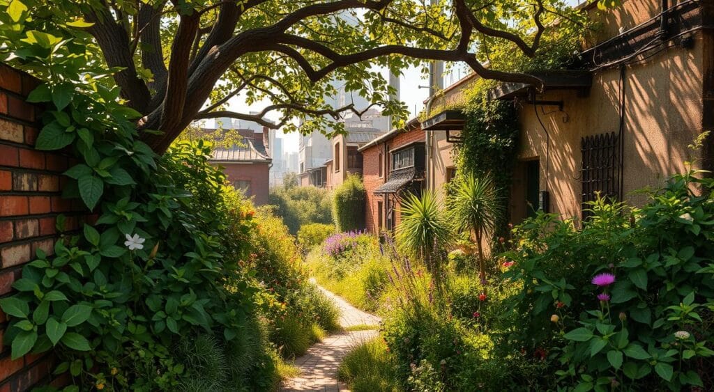 A lush, urban oasis teeming with wild, untamed vegetation. In the foreground, a tangle of verdant foliage and vibrant wildflowers spills over a crumbling brick wall, framing a sun-dappled path. Towering trees with twisted branches cast dappled shadows across the scene, their canopies filtering the warm, golden light. In the middle ground, a mix of native and non-native plant species intermingle, creating a biodiverse ecosystem. Vines and creepers cling to the sides of weathered buildings, softening the harsh urban architecture. The background fades into a hazy, atmospheric blur, suggesting the bustling city beyond. The overall mood is one of natural reclamation, a sense of wildness reclaiming its rightful place in the urban landscape.