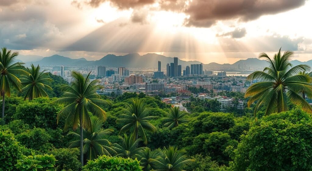 A lush, verdant Brazilian landscape, with towering palm trees and vibrant foliage in the foreground. In the middle ground, a bustling urban center, with modern skyscrapers and infrastructure, yet an unmistakable sense of environmental consciousness. The background features a dramatic, cloudy sky, with rays of sunlight breaking through, illuminating the scene with a sense of hope and change. The lighting is warm and natural, captured through a wide-angle lens that emphasizes the coexistence of nature and progress. The overall atmosphere conveys the urgency and impact of sustainable practices in Brazil, as the country balances its economic and environmental priorities. A lush, verdant Brazilian landscape, with towering palm trees and vibrant foliage in the foreground. In the middle ground, a bustling urban center, with modern skyscrapers and infrastructure, yet an unmistakable sense of environmental consciousness. The background features a dramatic, cloudy sky, with rays of sunlight breaking through, illuminating the scene with a sense of hope and change. The lighting is warm and natural, captured through a wide-angle lens that emphasizes the coexistence of nature and progress. The overall atmosphere conveys the urgency and impact of sustainable practices in Brazil, as the country balances its economic and environmental priorities.