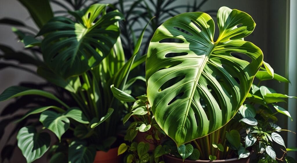 A lush, verdant arrangement of air-purifying houseplants, bathed in soft, natural lighting. In the foreground, a potted Monstera deliciosa unfurls its large, perforated leaves, its tropical splendor accentuated by carefully positioned shadows. Surrounding it, a mix of Sansevieria trifasciata, Dracaena fragrans, and Philodendron scandens cascade gracefully, their vibrant foliage creating a sense of relaxation and tranquility. The middle ground features a cluster of Peperomia prostrata, their delicate, heart-shaped leaves adding a touch of whimsy. In the background, a subtle bokeh effect softens the edges, drawing the viewer's eye to the serene, soothing arrangement, perfectly suited for a humid, dimly lit bathroom environment. A lush, verdant arrangement of air-purifying houseplants, bathed in soft, natural lighting. In the foreground, a potted Monstera deliciosa unfurls its large, perforated leaves, its tropical splendor accentuated by carefully positioned shadows. Surrounding it, a mix of Sansevieria trifasciata, Dracaena fragrans, and Philodendron scandens cascade gracefully, their vibrant foliage creating a sense of relaxation and tranquility. The middle ground features a cluster of Peperomia prostrata, their delicate, heart-shaped leaves adding a touch of whimsy. In the background, a subtle bokeh effect softens the edges, drawing the viewer's eye to the serene, soothing arrangement, perfectly suited for a humid, dimly lit bathroom environment.