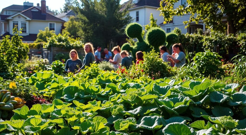 A lush, verdant community garden in the middle of a bustling neighborhood, sunlight filtering through the leaves of thriving plants. In the foreground, a diverse array of vegetables and herbs, their vibrant colors and textures creating a visually captivating scene. In the middle ground, a group of people of all ages tending to the garden, their faces alight with a sense of community and shared purpose. The background features a mix of residential buildings and lush greenery, creating a harmonious urban oasis. The overall atmosphere is one of tranquility, productivity, and a deep connection to the land and each other. A lush, verdant community garden in the middle of a bustling neighborhood, sunlight filtering through the leaves of thriving plants. In the foreground, a diverse array of vegetables and herbs, their vibrant colors and textures creating a visually captivating scene. In the middle ground, a group of people of all ages tending to the garden, their faces alight with a sense of community and shared purpose. The background features a mix of residential buildings and lush greenery, creating a harmonious urban oasis. The overall atmosphere is one of tranquility, productivity, and a deep connection to the land and each other.