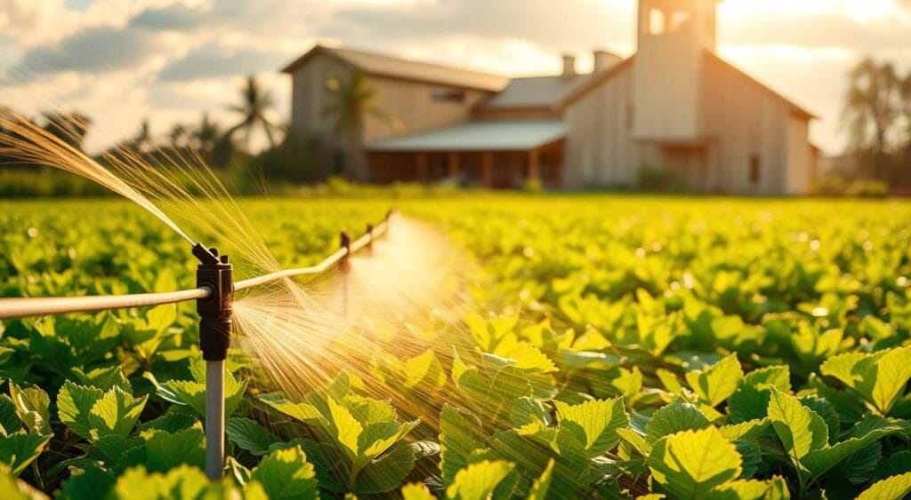 A lush, verdant field of thriving plants, illuminated by warm, golden sunlight filtering through wispy clouds. In the foreground, a state-of-the-art drip irrigation system meticulously delivers water to the roots, maximizing efficiency and minimizing waste. The middle ground showcases a variety of healthy, vibrant vegetation, each leaf glistening with moisture. In the background, a modern farmhouse stands, its weathered wooden exterior complementing the natural surroundings. The scene conveys a harmonious balance between technology and nature, highlighting the effectiveness of sustainable irrigation practices. A lush, verdant field of thriving plants, illuminated by warm, golden sunlight filtering through wispy clouds. In the foreground, a state-of-the-art drip irrigation system meticulously delivers water to the roots, maximizing efficiency and minimizing waste. The middle ground showcases a variety of healthy, vibrant vegetation, each leaf glistening with moisture. In the background, a modern farmhouse stands, its weathered wooden exterior complementing the natural surroundings. The scene conveys a harmonious balance between technology and nature, highlighting the effectiveness of sustainable irrigation practices.