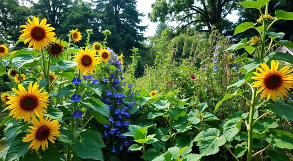 A lush, verdant garden bursting with life, showcasing an array of rapidly growing plant species. In the foreground, vibrant, towering sunflowers stretch towards the sky, their golden petals radiating warmth. Intertwined amongst them, trailing vines of morning glories cascade down, their delicate blue blossoms adding a touch of ethereal beauty. The middle ground features a variety of leafy, fast-growing plants, their broad, emerald foliage creating a sense of dense, thriving growth. In the background, a backdrop of towering, mature trees provides a natural frame, casting a soft, dappled light that illuminates the scene. The overall atmosphere conveys a sense of rapid, abundant transformation, where nature reclaims and transforms a space in a matter of weeks.