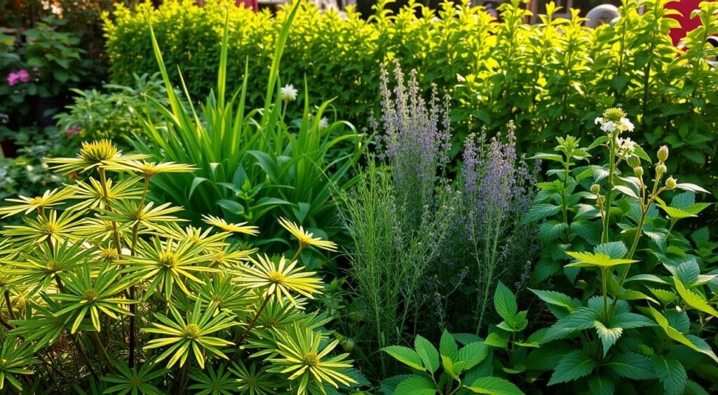 A lush, verdant garden filled with a variety of vibrant, mosquito-repelling plants. In the foreground, a cluster of citronella plants with their distinctive fan-shaped leaves sway gently in a soft, dappled light. In the middle ground, a mix of fragrant lemongrass and catnip add pops of green and purple, their aromatic scents wafting through the air. In the background, a row of tall, bushy basil plants stand guard, their small white flowers blooming. The scene is bathed in a warm, golden glow, creating a serene and tranquil atmosphere, perfect for enjoying the outdoors without the annoyance of mosquitoes.