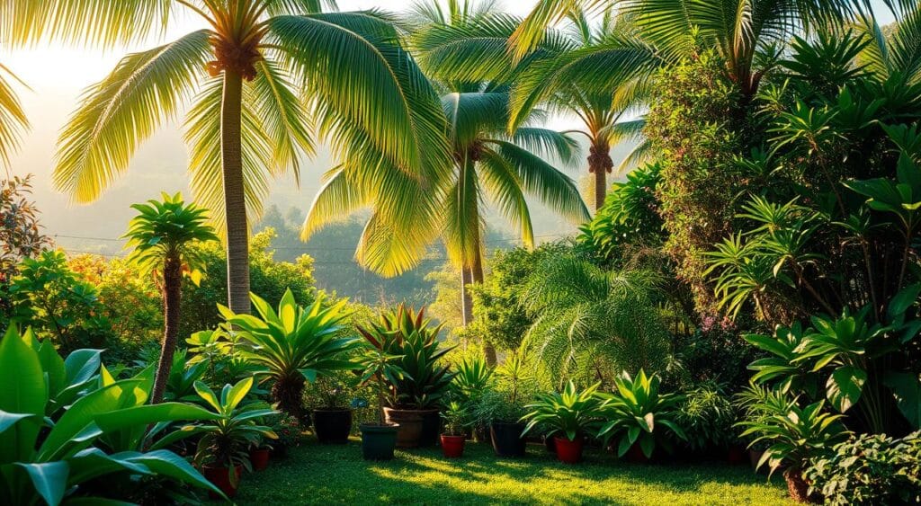 A lush, verdant garden oasis set against a backdrop of a warm, sun-drenched Brazilian landscape. In the foreground, an array of diverse plant life thrives, their vibrant foliage and delicate blooms exuding a natural, cooling energy. Towering palm trees sway gently in the breeze, casting playful shadows on the ground below. Trailing vines and verdant shrubs create a sense of layered depth, while the middle ground features a mix of potted plants and lush ground cover, all working in harmony to create a serene, rejuvenating atmosphere. Soft, diffused lighting filters through the canopy, bathing the scene in a warm, golden glow that evokes the essence of a Brazilian summer. The overall composition conveys the power of nature's ability to provide a natural, soothing respite from the heat. A lush, verdant garden oasis set against a backdrop of a warm, sun-drenched Brazilian landscape. In the foreground, an array of diverse plant life thrives, their vibrant foliage and delicate blooms exuding a natural, cooling energy. Towering palm trees sway gently in the breeze, casting playful shadows on the ground below. Trailing vines and verdant shrubs create a sense of layered depth, while the middle ground features a mix of potted plants and lush ground cover, all working in harmony to create a serene, rejuvenating atmosphere. Soft, diffused lighting filters through the canopy, bathing the scene in a warm, golden glow that evokes the essence of a Brazilian summer. The overall composition conveys the power of nature's ability to provide a natural, soothing respite from the heat.