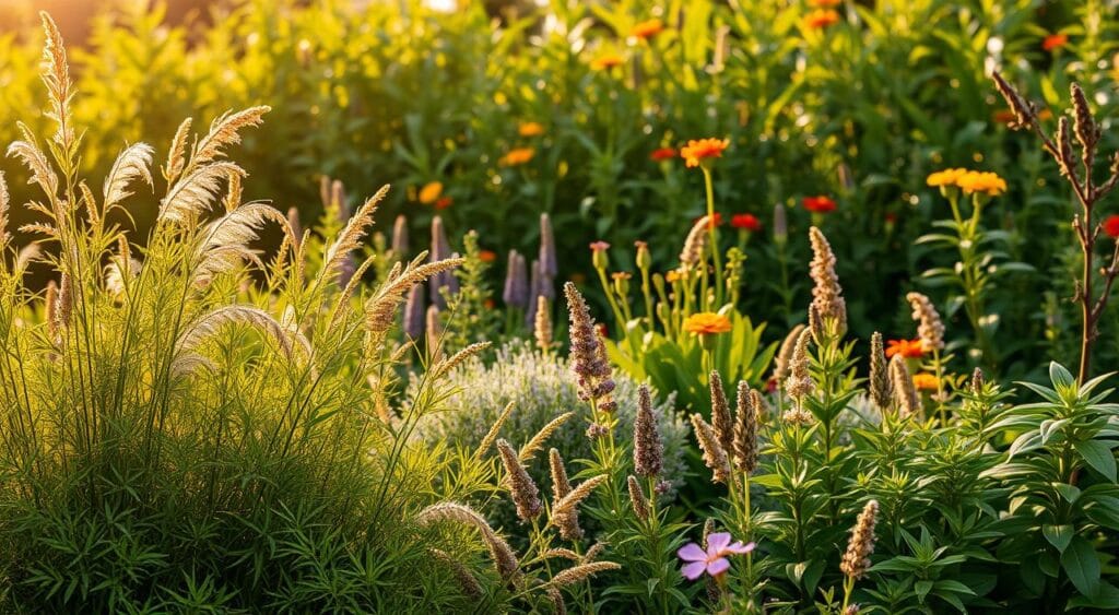 A lush, verdant garden scene featuring a variety of potent mosquito-repelling plants. In the foreground, clusters of citronella, lemongrass, and catnip sway gently in the warm, golden light. The middle ground showcases a mix of aromatic herbs like lavender, peppermint, and rosemary, their delicate blooms and leaves rustling in the soft breeze. In the background, a dense canopy of tall, leafy plants like eucalyptus and marigolds create a natural, protective barrier. The overall atmosphere is one of tranquility and nature's ability to provide effective, chemical-free mosquito deterrence.