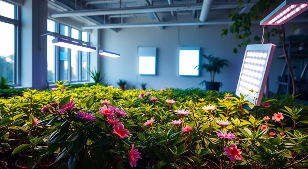 A lush, verdant indoor garden illuminated by glowing electric coils and panels, showcasing the technique of electroculture. In the foreground, thriving potted plants with vibrant foliage and flowers, bathed in a soft, incandescent glow. In the middle ground, sleek, modern electroculture devices mounted on the walls, emanating a subtle blue-white light. The background features a minimalist, airy space with large windows, allowing natural daylight to filter in and complement the artificial lighting. The overall atmosphere conveys a harmonious blend of nature and technology, highlighting the innovative electroculture method that accelerates plant growth.