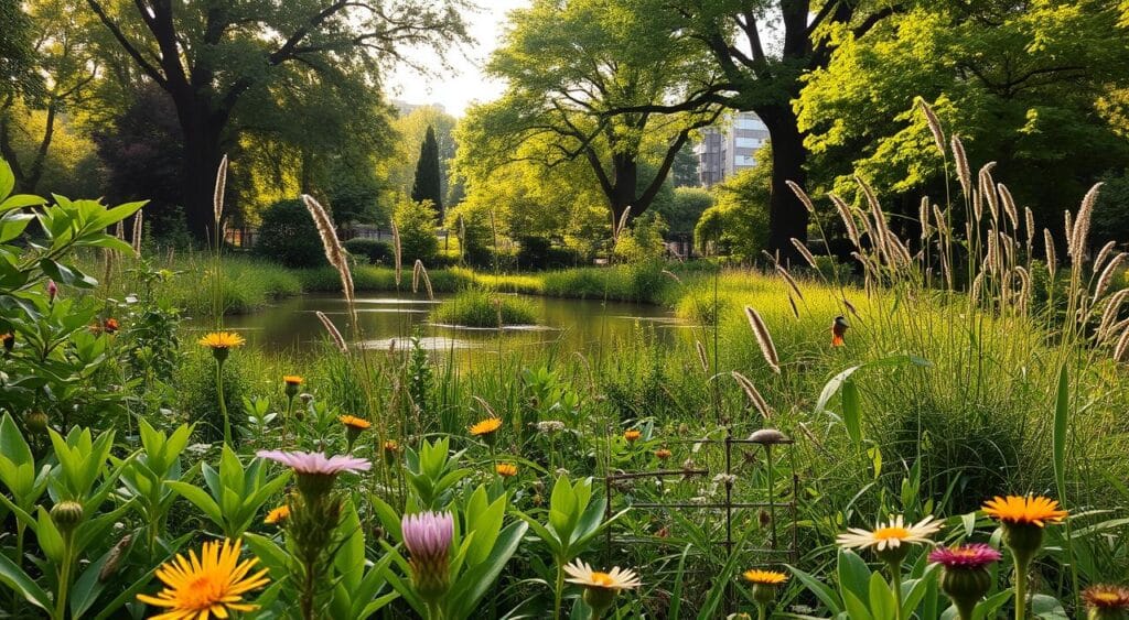 A lush, verdant urban landscape showcasing the vibrant benefits of rewilding. In the foreground, a diverse array of native plants and wildflowers thrive, attracting a flurry of pollinating insects and birds. The middle ground features a tranquil pond, its calm waters reflecting the surrounding greenery. In the background, towering trees with canopies that filter the warm, golden sunlight cast a gentle glow over the scene. The overall atmosphere evokes a sense of harmony, where nature and the urban environment coexist in a delicate balance, promoting biodiversity and a healthier, more sustainable way of living.