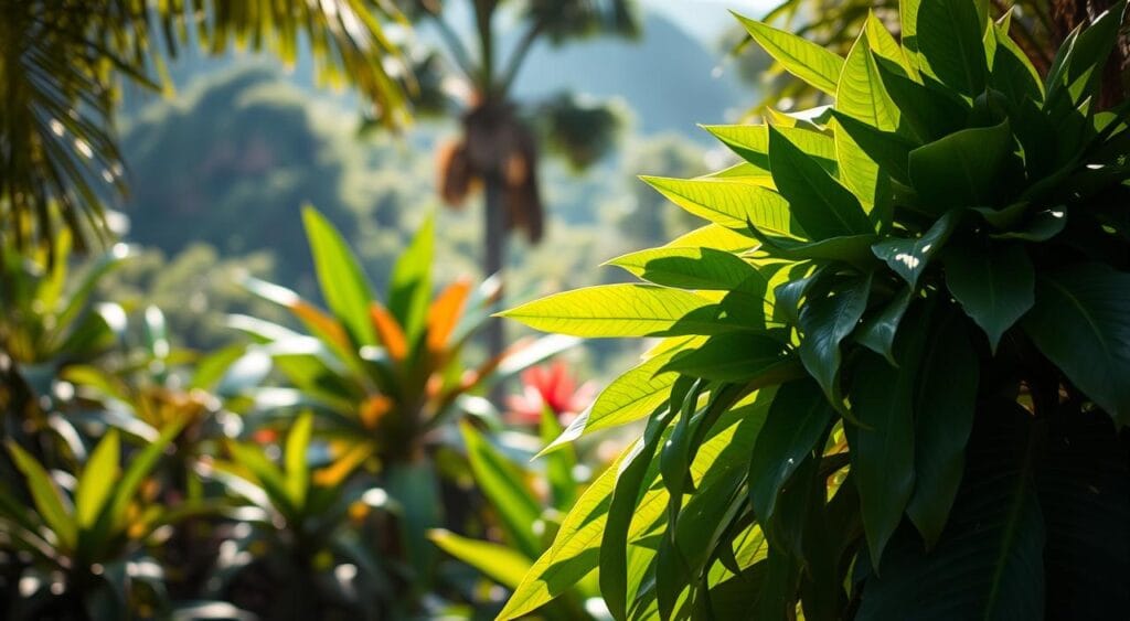 A lush, vibrant Brazilian exotic plant in a natural, sunlit setting. A verdant, sculptural foliage in the foreground, with broad, glossy leaves cascading gracefully. Subtle, dappled lighting illuminates the plant's intricate textures and rich, saturated hues. The middle ground features a harmonious blend of complementary tropical flora, creating a sense of depth and visual interest. In the background, a softly blurred, dreamlike landscape evokes the essence of the Brazilian rainforest. Conveying a sense of tranquility, wonder, and the allure of this captivating, rare botanical specimen.