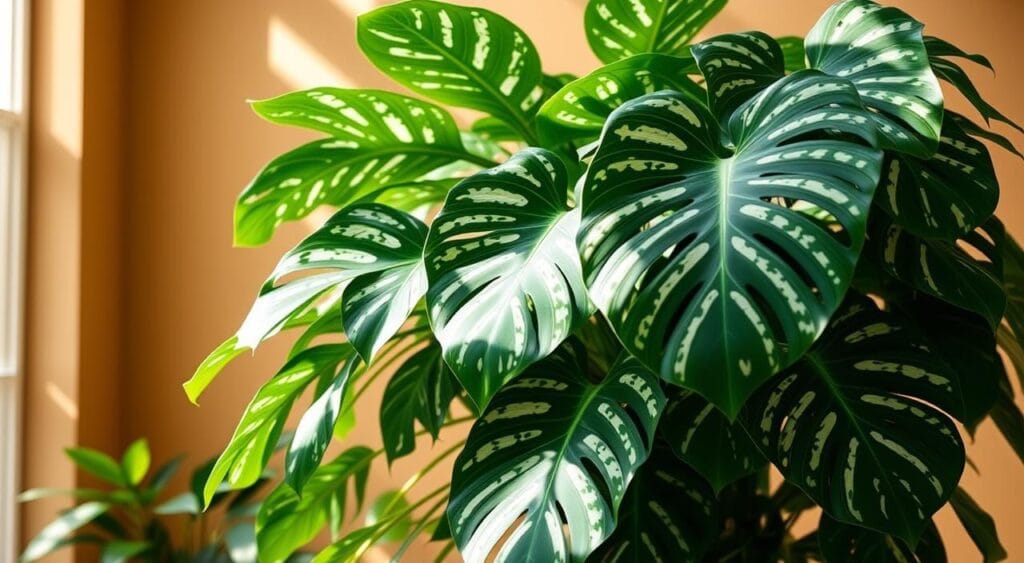 A lush, vibrant Monstera Thai Constellation plant with its distinctive mottled leaves, set against a warm, natural light-filled backdrop. The foliage cascades gracefully, with sharp contrasts between the dark green leaves and their delicate, variegated patterns. Positioned in a minimalist, earthy-toned interior, perhaps a living room or greenhouse, allowing the plant's unique beauty to take center stage. Soft, directional lighting from the side gently illuminates the plant's textures, creating depth and dimension. The overall scene conveys a sense of tranquility and the allure of this highly coveted, rare botanical specimen.