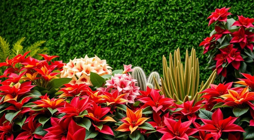 A lush, vibrant display of "plantas de natal" (Christmas plants) arranged in a visually captivating composition. The foreground features a diverse array of poinsettias, with their iconic red and green foliage elegantly cascading across the frame. In the middle ground, clusters of fragrant amaryllis and elegant Christmas cactus plants add depth and texture, their blooms reaching towards the light. The background showcases a verdant backdrop of lush greenery, creating a serene and natural atmosphere. The lighting is soft and diffused, casting a warm, festive glow over the scene, evoking a sense of holiday cheer and the essence of botanical gift-giving trends this season.
