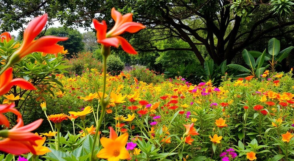 A lush, vibrant garden brimming with a diverse array of native Brazilian flowers. In the foreground, delicate petals in vivid hues of red, yellow, and pink sway gently in a soft breeze. The middle ground showcases a harmonious mix of flowering shrubs and herbaceous plants, creating a tapestry of colors and textures. In the background, a verdant canopy of trees provides a natural, shaded backdrop, casting a warm, dappled light across the scene. The overall atmosphere is one of tranquility and balance, reflecting the beauty and resilience of Brazil's local flora and the ecosystem it supports. A lush, vibrant garden brimming with a diverse array of native Brazilian flowers. In the foreground, delicate petals in vivid hues of red, yellow, and pink sway gently in a soft breeze. The middle ground showcases a harmonious mix of flowering shrubs and herbaceous plants, creating a tapestry of colors and textures. In the background, a verdant canopy of trees provides a natural, shaded backdrop, casting a warm, dappled light across the scene. The overall atmosphere is one of tranquility and balance, reflecting the beauty and resilience of Brazil's local flora and the ecosystem it supports.