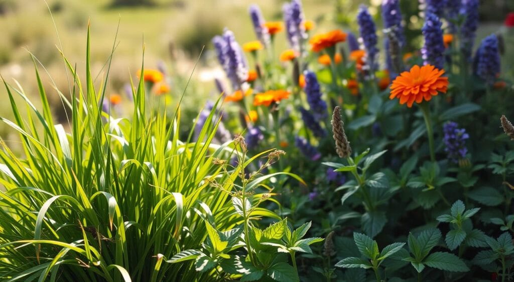 A lush, vibrant garden filled with an array of aromatic, insect-repelling herbs. In the foreground, a cluster of verdant, fragrant plants such as lemongrass, citronella, and catnip sway gently in a soft, natural light. The middle ground showcases a mix of additional insect-repelling species, including lavender, marigolds, and peppermint, their delicate petals and leaves creating a captivating visual tapestry. In the background, a blurred, sun-dappled landscape sets the scene, evoking a sense of tranquility and harmony. The overall composition emphasizes the natural, organic beauty of these versatile, pest-deterring plants, perfectly suited for creating a serene, insect-free outdoor environment. A lush, vibrant garden filled with an array of aromatic, insect-repelling herbs. In the foreground, a cluster of verdant, fragrant plants such as lemongrass, citronella, and catnip sway gently in a soft, natural light. The middle ground showcases a mix of additional insect-repelling species, including lavender, marigolds, and peppermint, their delicate petals and leaves creating a captivating visual tapestry. In the background, a blurred, sun-dappled landscape sets the scene, evoking a sense of tranquility and harmony. The overall composition emphasizes the natural, organic beauty of these versatile, pest-deterring plants, perfectly suited for creating a serene, insect-free outdoor environment.