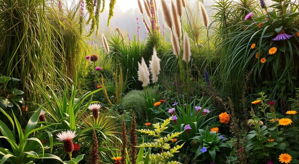 A lush, vibrant garden in a state of controlled chaos, with plants of various shapes, sizes, and colors bursting forth in an unruly, yet harmonious display. The foreground is a tapestry of towering, wildly growing foliage, with tendrils and blooms cascading in every direction. The middle ground features a mix of tall grasses, sprawling vines, and colorful flowering plants, creating a sense of depth and layering. In the background, a soft, hazy light filters through the dense vegetation, casting a warm, golden glow over the scene. The overall atmosphere is one of untamed beauty, where nature has been allowed to flourish and express itself freely, resulting in a captivating and visually striking "Chaos Gardening" landscape.