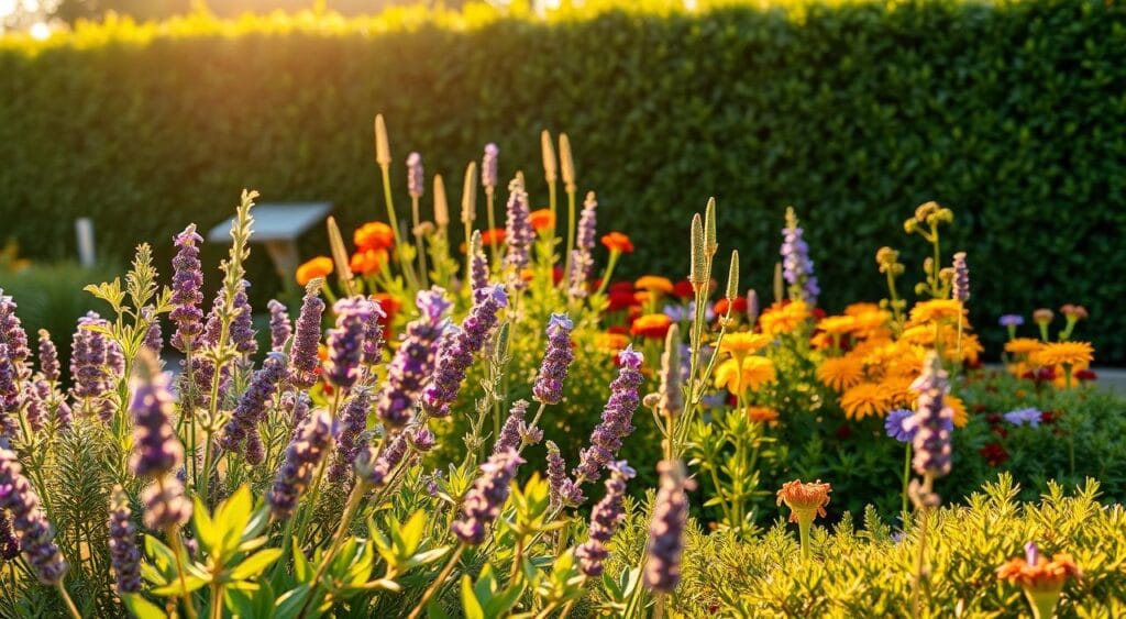 A lush, vibrant garden of aromatic plants in a warm, golden afternoon light. In the foreground, a variety of fragrant herbs like rosemary, lavender, and citronella sway gently in a soft breeze. The middle ground reveals a mix of flowering plants like marigolds and chrysanthemums, their petals adding pops of color. The background features a neatly trimmed hedge, creating a sense of enclosure and privacy. The entire scene exudes a calming, natural atmosphere that beckons one to linger and appreciate the power of nature's aromatic defenses against pests. A lush, vibrant garden of aromatic plants in a warm, golden afternoon light. In the foreground, a variety of fragrant herbs like rosemary, lavender, and citronella sway gently in a soft breeze. The middle ground reveals a mix of flowering plants like marigolds and chrysanthemums, their petals adding pops of color. The background features a neatly trimmed hedge, creating a sense of enclosure and privacy. The entire scene exudes a calming, natural atmosphere that beckons one to linger and appreciate the power of nature's aromatic defenses against pests.