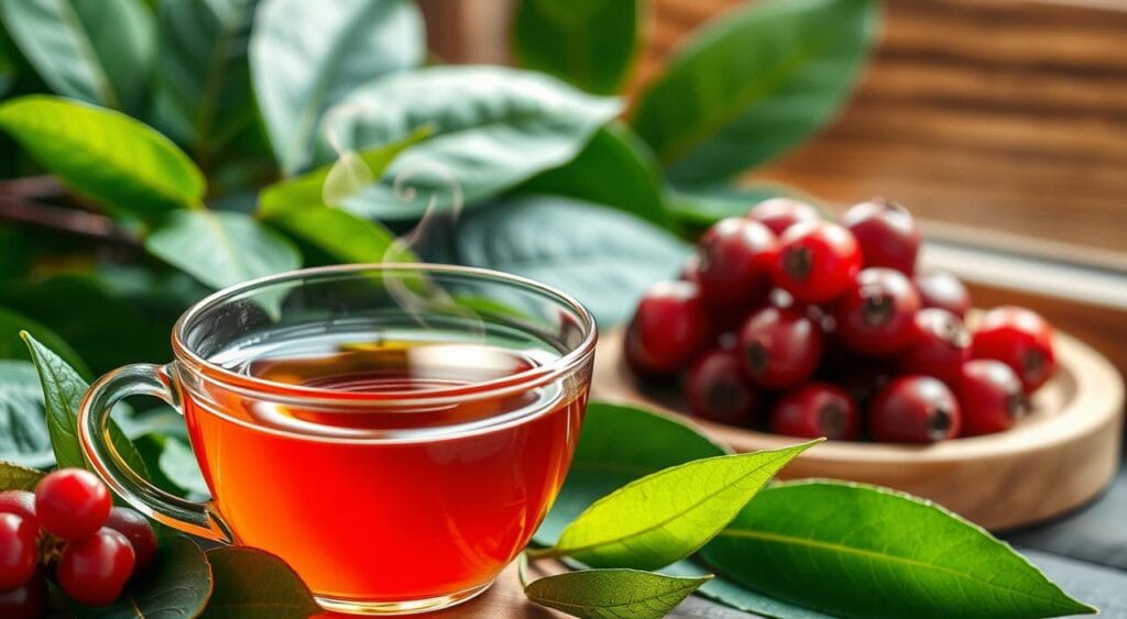 A lush, vibrant image showcasing the benefícios (benefits) of pitanga (Brazilian cherry) tea. In the foreground, a delicate glass teacup filled with a rich, amber-colored liquid, steam gently rising. Surrounding the cup, an array of fresh pitanga leaves, their deep green hues accentuated by soft, natural lighting. In the middle ground, a handful of plump, ripe pitanga berries, their crimson skin glistening. In the background, a serene, earthy setting with wooden textures, perhaps a rustic table or a windowsill, conveying a sense of wellness and tranquility. The overall composition evokes the nourishing, restorative qualities of this herbal tea, inviting the viewer to appreciate its healthful benefits. A lush, vibrant image showcasing the benefícios (benefits) of pitanga (Brazilian cherry) tea. In the foreground, a delicate glass teacup filled with a rich, amber-colored liquid, steam gently rising. Surrounding the cup, an array of fresh pitanga leaves, their deep green hues accentuated by soft, natural lighting. In the middle ground, a handful of plump, ripe pitanga berries, their crimson skin glistening. In the background, a serene, earthy setting with wooden textures, perhaps a rustic table or a windowsill, conveying a sense of wellness and tranquility. The overall composition evokes the nourishing, restorative qualities of this herbal tea, inviting the viewer to appreciate its healthful benefits.