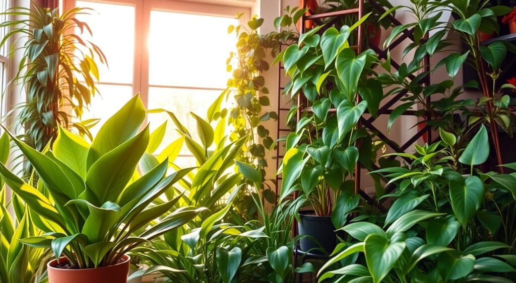 A lush, vibrant indoor garden filled with a variety of air-purifying plants, bathed in warm, natural lighting from a large window. In the foreground, a healthy potted snake plant and a thriving peace lily stand tall, their leaves gently swaying. In the middle ground, a potted philodendron climbs up a trellis, its heart-shaped leaves creating a striking visual. The background features a mix of other efficient air-purifying species, such as a Chinese evergreen and a Dracaena, arranged in a harmonious, visually pleasing composition. The overall scene conveys a sense of tranquility and freshness, highlighting the ability of these plants to improve indoor air quality and create a comfortable, rejuvenating environment. A lush, vibrant indoor garden filled with a variety of air-purifying plants, bathed in warm, natural lighting from a large window. In the foreground, a healthy potted snake plant and a thriving peace lily stand tall, their leaves gently swaying. In the middle ground, a potted philodendron climbs up a trellis, its heart-shaped leaves creating a striking visual. The background features a mix of other efficient air-purifying species, such as a Chinese evergreen and a Dracaena, arranged in a harmonious, visually pleasing composition. The overall scene conveys a sense of tranquility and freshness, highlighting the ability of these plants to improve indoor air quality and create a comfortable, rejuvenating environment.