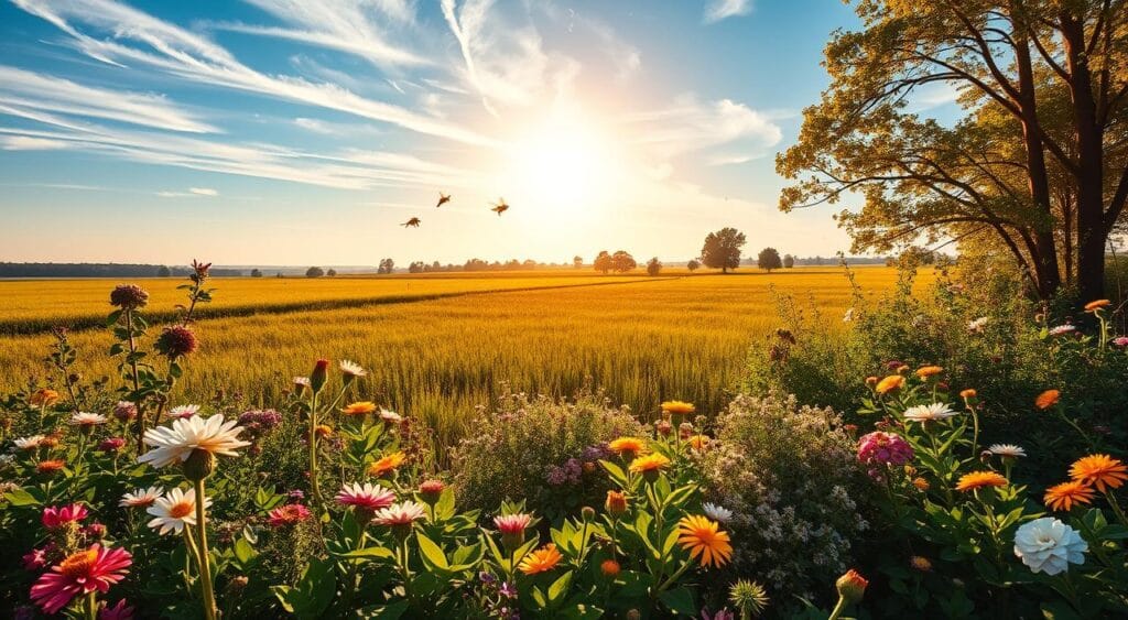 A lush, vibrant natural landscape depicting the delicate balance of environmental equilibrium. In the foreground, a diverse array of thriving flora - including blooming flowers, verdant foliage, and towering trees - symbolizing the rich biodiversity sustained by a healthy ecosystem. In the middle ground, a swarm of busy honeybees pollinating the flowers, embodying the cooperative harmony between species that maintains this equilibrium. The background features a serene, sun-dappled meadow stretching towards a distant horizon, framed by wispy clouds in a clear blue sky. The scene is illuminated by warm, golden lighting that casts a tranquil, contemplative atmosphere, inviting the viewer to appreciate the intricate interconnectedness of the natural world. A lush, vibrant natural landscape depicting the delicate balance of environmental equilibrium. In the foreground, a diverse array of thriving flora - including blooming flowers, verdant foliage, and towering trees - symbolizing the rich biodiversity sustained by a healthy ecosystem. In the middle ground, a swarm of busy honeybees pollinating the flowers, embodying the cooperative harmony between species that maintains this equilibrium. The background features a serene, sun-dappled meadow stretching towards a distant horizon, framed by wispy clouds in a clear blue sky. The scene is illuminated by warm, golden lighting that casts a tranquil, contemplative atmosphere, inviting the viewer to appreciate the intricate interconnectedness of the natural world.