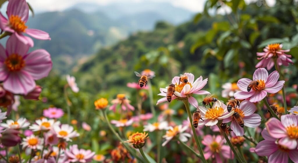 A lush, vibrant scene of pollination in a Brazilian landscape. In the foreground, a cluster of honeybees gracefully dance from flower to flower, their fuzzy bodies dusted with pollen. The middle ground features a diverse array of blooming flora, each blossom a testament to the intricate symbiosis between insects and plants. In the background, a verdant backdrop of rolling hills and verdant foliage creates a serene, natural atmosphere. The lighting is soft and diffused, capturing the delicate essence of this critical ecological process. The composition is balanced, with the bees and flowers occupying the frame in a harmonious, visually compelling way. This image conveys the vitality and fragility of pollination, a fundamental aspect of Brazil's diverse ecosystem. A lush, vibrant scene of pollination in a Brazilian landscape. In the foreground, a cluster of honeybees gracefully dance from flower to flower, their fuzzy bodies dusted with pollen. The middle ground features a diverse array of blooming flora, each blossom a testament to the intricate symbiosis between insects and plants. In the background, a verdant backdrop of rolling hills and verdant foliage creates a serene, natural atmosphere. The lighting is soft and diffused, capturing the delicate essence of this critical ecological process. The composition is balanced, with the bees and flowers occupying the frame in a harmonious, visually compelling way. This image conveys the vitality and fragility of pollination, a fundamental aspect of Brazil's diverse ecosystem.