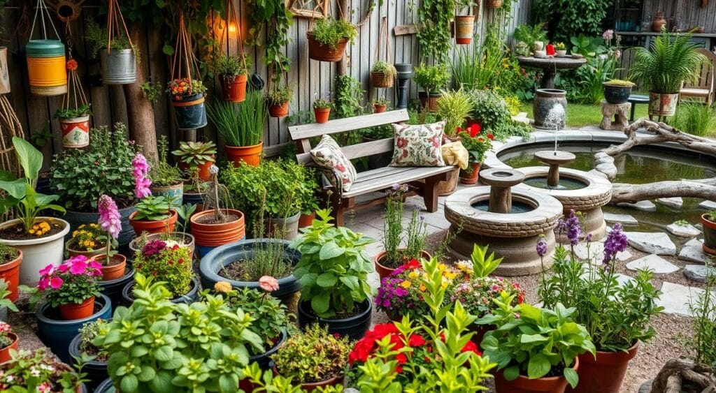 A lush, well-tended garden filled with a variety of potted plants, upcycled decorations, and sustainable features. In the foreground, a vibrant mix of flowering plants and herbs in repurposed containers, such as old tires, cans, and bottles. The middle ground showcases a serene sitting area with a bench made from reclaimed wood and surrounded by hanging planters. In the background, a tranquil pond with a small fountain, its edges lined with stones and driftwood. Soft, warm lighting illuminates the scene, creating a cozy and inviting atmosphere. The overall composition emphasizes the harmony between nature and creative recycling, reflecting the current trends in sustainable garden design. A lush, well-tended garden filled with a variety of potted plants, upcycled decorations, and sustainable features. In the foreground, a vibrant mix of flowering plants and herbs in repurposed containers, such as old tires, cans, and bottles. The middle ground showcases a serene sitting area with a bench made from reclaimed wood and surrounded by hanging planters. In the background, a tranquil pond with a small fountain, its edges lined with stones and driftwood. Soft, warm lighting illuminates the scene, creating a cozy and inviting atmosphere. The overall composition emphasizes the harmony between nature and creative recycling, reflecting the current trends in sustainable garden design.