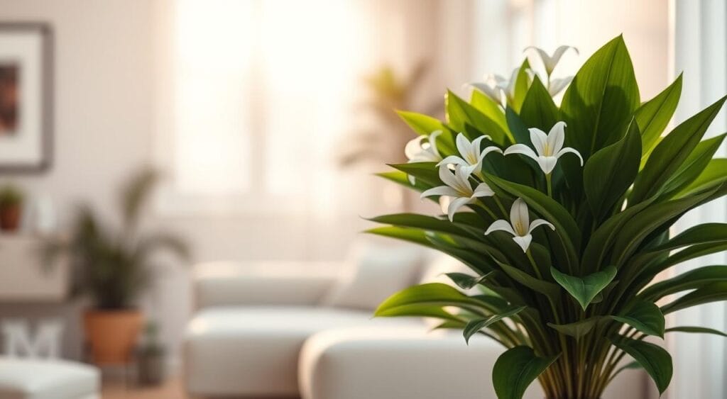 A peaceful, vibrant "lírio da paz" plant stands prominently in the foreground, its lush green leaves and stately white flowers bathed in warm, diffused natural light filtering through a window. The middle ground features a cozy, minimalist interior design, with clean lines and neutral tones complementing the plant's serene presence. The background blurs gently, creating a sense of tranquility and focus on the captivating floral centerpiece. Soft, muted shadows add depth and dimensionality, while the overall composition evokes a sense of harmony and the recent phenomenon of this plant becoming a cherished household feature in Brazilian homes. A peaceful, vibrant "lírio da paz" plant stands prominently in the foreground, its lush green leaves and stately white flowers bathed in warm, diffused natural light filtering through a window. The middle ground features a cozy, minimalist interior design, with clean lines and neutral tones complementing the plant's serene presence. The background blurs gently, creating a sense of tranquility and focus on the captivating floral centerpiece. Soft, muted shadows add depth and dimensionality, while the overall composition evokes a sense of harmony and the recent phenomenon of this plant becoming a cherished household feature in Brazilian homes.