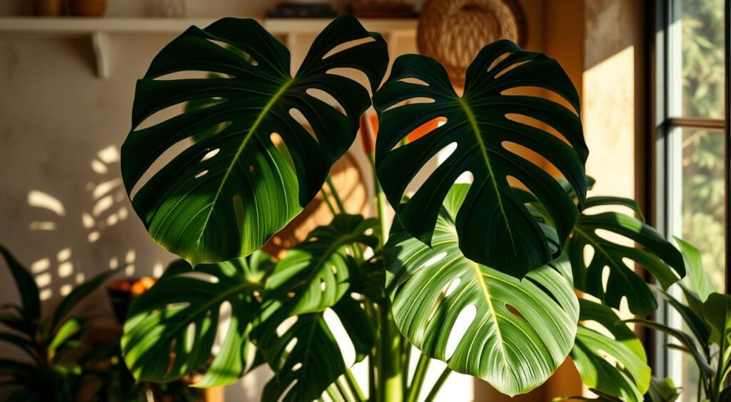 A popular Brazilian houseplant, the lush and vibrant Monstera deliciosa, thriving in a cozy, sun-dappled indoor setting. Its oversized, fenestrated leaves cast intriguing shadows on the surrounding surfaces, creating a captivating interplay of light and foliage. The plant is prominently featured, filling the foreground, with a harmonious blend of natural textures and earthy tones in the background, conveying a sense of tranquility and organic elegance. Soft, warm lighting enhances the plant's verdant hues, inviting the viewer to appreciate the beauty and allure of this beloved Brazilian botanical sensation that has taken the social media world by storm.