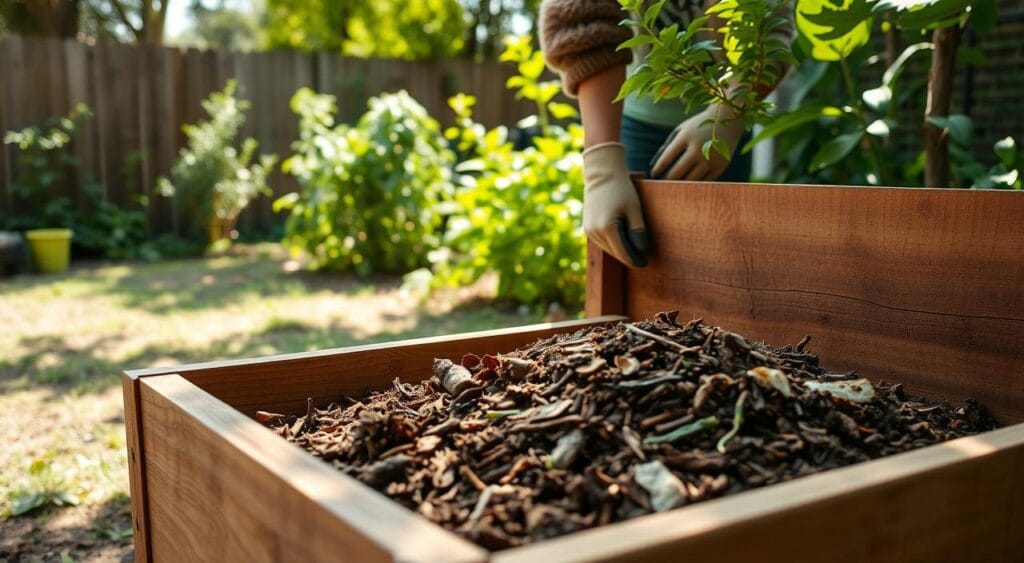 A serene backyard with a wooden compost bin in the foreground, partially filled with organic matter. In the middle ground, a person wearing gardening gloves is carefully tending to the compost, stirring it gently. The background features lush greenery, perhaps a small herb garden, with dappled sunlight filtering through the leaves. The overall atmosphere is one of peaceful productivity, showcasing the growing trend of home composting in Brazil. The scene is captured with a warm, natural lighting, using a wide-angle lens to encompass the entire composting setup. A serene backyard with a wooden compost bin in the foreground, partially filled with organic matter. In the middle ground, a person wearing gardening gloves is carefully tending to the compost, stirring it gently. The background features lush greenery, perhaps a small herb garden, with dappled sunlight filtering through the leaves. The overall atmosphere is one of peaceful productivity, showcasing the growing trend of home composting in Brazil. The scene is captured with a warm, natural lighting, using a wide-angle lens to encompass the entire composting setup.