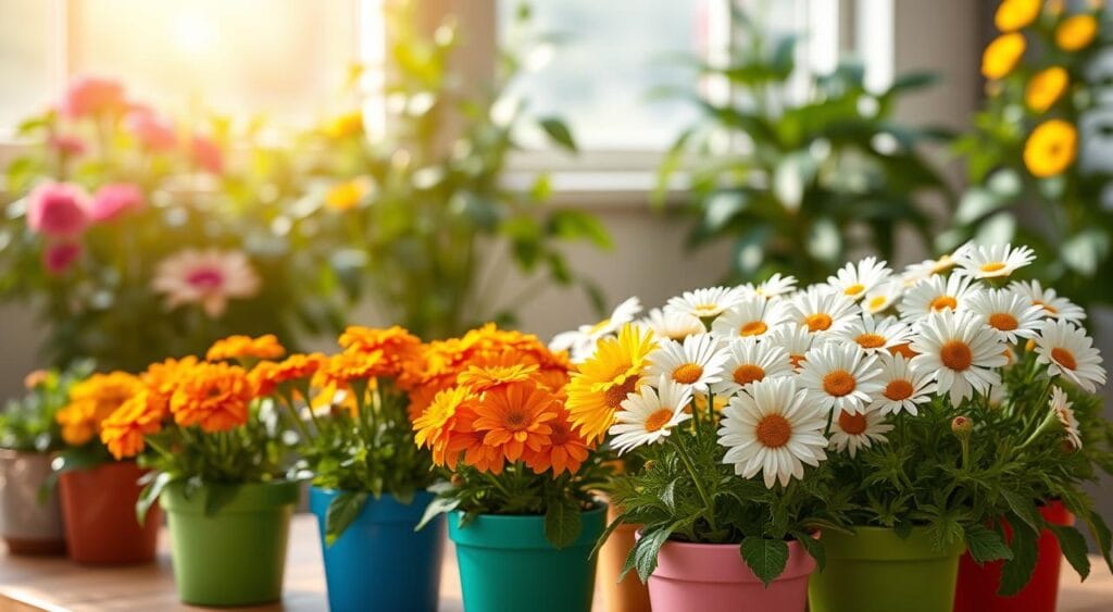 A serene indoor garden scene showcasing a variety of easy-to-cultivate flowers. In the foreground, vibrant marigolds and cheerful daisies in colorful pots, carefully arranged on a wooden table. The middle background features lush green foliage with soft light filtering through a nearby window, creating a warm and inviting atmosphere. In the far distance, gentle sunlight casts a golden hue across the room, enhancing the vivid colors of the flowers. The overall mood is peaceful and uplifting, perfect for a cozy space. The image should capture the essence of home gardening, with a focus on the flowers' beauty and the soothing ambiance of indoor nature. Ensure no text or markings are included.