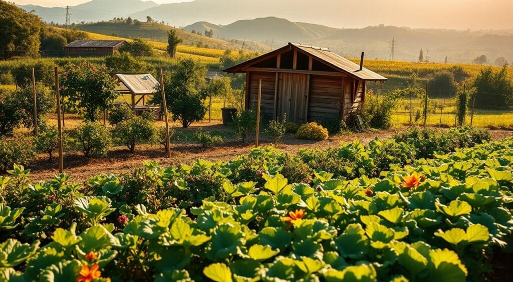 A small family-owned farm nestled in the rolling countryside of Brazil. In the foreground, a vibrant vegetable garden bursting with life - lush green leaves, vibrant colors, and the rich soil beneath. In the middle ground, a rustic wooden shed surrounded by fruit trees and flowering plants, casting gentle shadows. In the background, rolling hills dotted with small farms, hazy under the warm golden sunlight of a summer afternoon. The scene exudes a sense of tranquility, self-sufficiency, and a deep connection to the land. A 50mm lens captures the scene with a shallow depth of field, drawing the eye to the vibrant details of the garden. The overall mood is one of quiet contentment and the pride of a small-scale sustainable operation. A small family-owned farm nestled in the rolling countryside of Brazil. In the foreground, a vibrant vegetable garden bursting with life - lush green leaves, vibrant colors, and the rich soil beneath. In the middle ground, a rustic wooden shed surrounded by fruit trees and flowering plants, casting gentle shadows. In the background, rolling hills dotted with small farms, hazy under the warm golden sunlight of a summer afternoon. The scene exudes a sense of tranquility, self-sufficiency, and a deep connection to the land. A 50mm lens captures the scene with a shallow depth of field, drawing the eye to the vibrant details of the garden. The overall mood is one of quiet contentment and the pride of a small-scale sustainable operation.