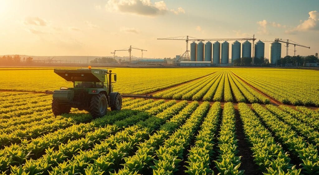 A sprawling precision agriculture landscape, illuminated by warm golden sunlight. In the foreground, a modern agricultural vehicle equipped with advanced sensors and GPS guidance navigates lush green fields, precisely applying fertilizers and pesticides. The middle ground features rows of neatly tended crops, each plant monitored and optimized for maximum yield. In the background, towering silos and state-of-the-art processing facilities stand as symbols of the technological revolution transforming Brazilian agribusiness. The scene conveys a sense of efficiency, innovation, and sustainability, capturing the essence of "Agricultura de Precisão" and its profound impact on the industry. A sprawling precision agriculture landscape, illuminated by warm golden sunlight. In the foreground, a modern agricultural vehicle equipped with advanced sensors and GPS guidance navigates lush green fields, precisely applying fertilizers and pesticides. The middle ground features rows of neatly tended crops, each plant monitored and optimized for maximum yield. In the background, towering silos and state-of-the-art processing facilities stand as symbols of the technological revolution transforming Brazilian agribusiness. The scene conveys a sense of efficiency, innovation, and sustainability, capturing the essence of "Agricultura de Precisão" and its profound impact on the industry.