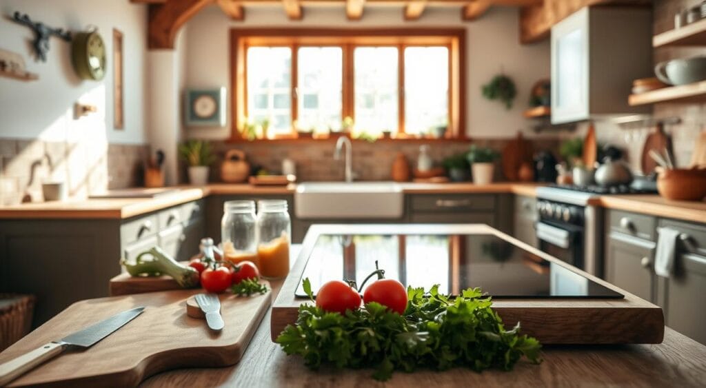 A sun-drenched kitchen with a rustic, farmhouse-inspired aesthetic. The foreground features a wooden cutting board with fresh produce, such as vibrant vegetables, herbs, and a few reusable glass jars. In the middle ground, a sleek, energy-efficient induction cooktop stands ready for sustainable culinary practices. The background showcases a large window, allowing natural light to flood the space and highlighting the use of natural materials like exposed wood beams and tile floors. A sense of warmth, organization, and environmental consciousness permeates the scene, inspiring a shift towards more mindful, eco-friendly cooking. A sun-drenched kitchen with a rustic, farmhouse-inspired aesthetic. The foreground features a wooden cutting board with fresh produce, such as vibrant vegetables, herbs, and a few reusable glass jars. In the middle ground, a sleek, energy-efficient induction cooktop stands ready for sustainable culinary practices. The background showcases a large window, allowing natural light to flood the space and highlighting the use of natural materials like exposed wood beams and tile floors. A sense of warmth, organization, and environmental consciousness permeates the scene, inspiring a shift towards more mindful, eco-friendly cooking.