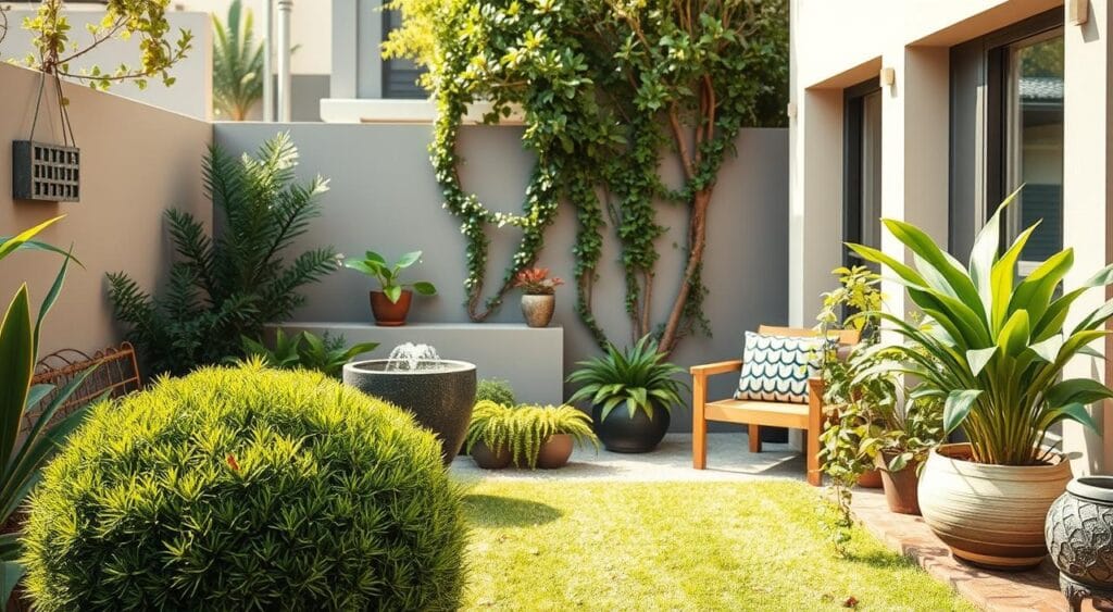 A tranquil, verdant urban backyard in Brazil, showcasing the growing trend of compact gardens. In the foreground, a lush, meticulously pruned shrub and a small, ornamental fountain. The middle ground features a mix of potted plants, trailing vines, and a compact seating area with minimalist wooden furniture. The background depicts a modern, city-scape inspired architectural backdrop, with clean lines and muted hues. The scene is bathed in warm, natural lighting, creating a serene and inviting atmosphere. The overall composition emphasizes the efficient use of limited space, highlighting the appeal of compact yet visually striking gardens that are becoming increasingly popular in urban Brazilian homes.