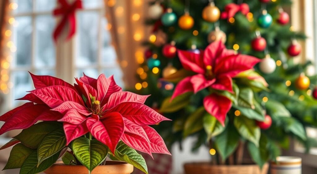 A vibrant Poinsettia plant in full bloom, showcasing its striking red and green leaves, set against a soft, blurred indoor holiday backdrop. The foreground features the Poinsettia in a rustic terracotta pot, its leaves glistening under warm, soft lighting that creates a cozy atmosphere. In the middle ground, a beautifully decorated Christmas tree adorned with multicolored ornaments and twinkling lights adds charm, while the background hints at a softly lit, snowy window scene, enhancing the festive mood. The composition is shot with a shallow depth of field, focusing on the vivid colors and textures of the Poinsettia, evoking feelings of warmth and celebration. The overall effect should resonate with the spirit of holiday decor, emphasizing the Poinsettia as a quintessential Christmas plant.