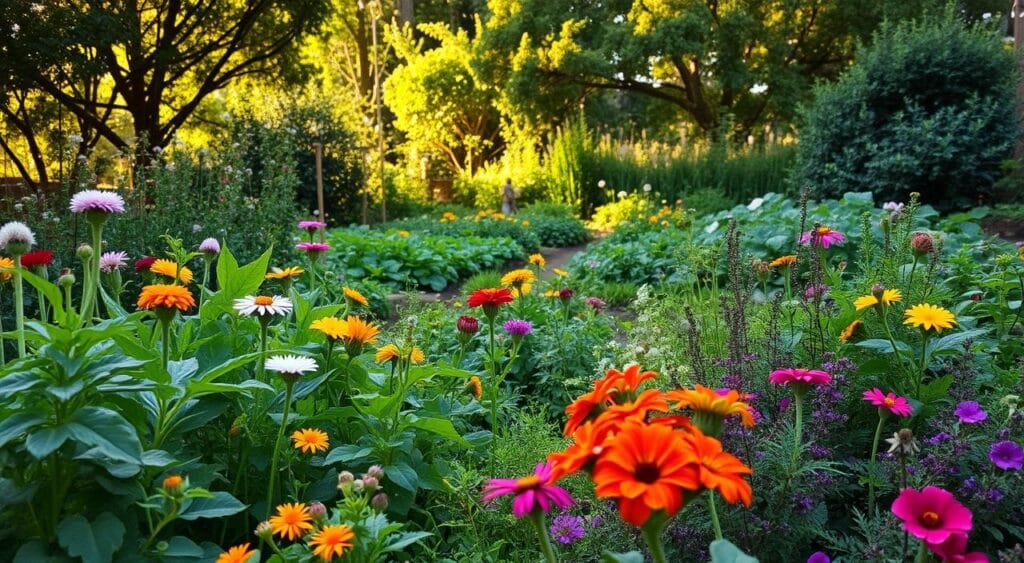 A vibrant and lush sustainable garden, overflowing with a diverse array of thriving plants. In the foreground, a variety of colorful flowers and herbs bloom in a harmonious composition, their petals and leaves gently swaying in a soft breeze. The middle ground features a well-tended vegetable patch, brimming with healthy greens and vegetables, all nurtured through organic and regenerative gardening techniques. In the background, a verdant canopy of trees and shrubs creates a natural, secluded ambiance, casting warm, diffused sunlight across the scene. The overall impression is one of abundance, balance, and a deep connection to the rhythms of the natural world.