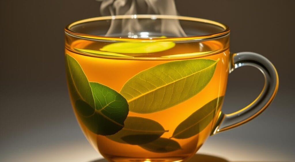 A vibrant, close-up image of freshly brewed pitanga leaf tea, steaming in a delicate glass teacup. The deep green leaves float gently in the golden-hued liquid, their veined textures clearly visible. A subtle ambient light illuminates the scene, casting a warm, inviting glow. The cup is set against a simple, clean background, allowing the tea's natural beauty to take center stage. The composition emphasizes the tea's alluring aroma and soothing, restorative qualities, inviting the viewer to experience the comforting ritual of drinking this trendy, health-promoting beverage. A vibrant, close-up image of freshly brewed pitanga leaf tea, steaming in a delicate glass teacup. The deep green leaves float gently in the golden-hued liquid, their veined textures clearly visible. A subtle ambient light illuminates the scene, casting a warm, inviting glow. The cup is set against a simple, clean background, allowing the tea's natural beauty to take center stage. The composition emphasizes the tea's alluring aroma and soothing, restorative qualities, inviting the viewer to experience the comforting ritual of drinking this trendy, health-promoting beverage.