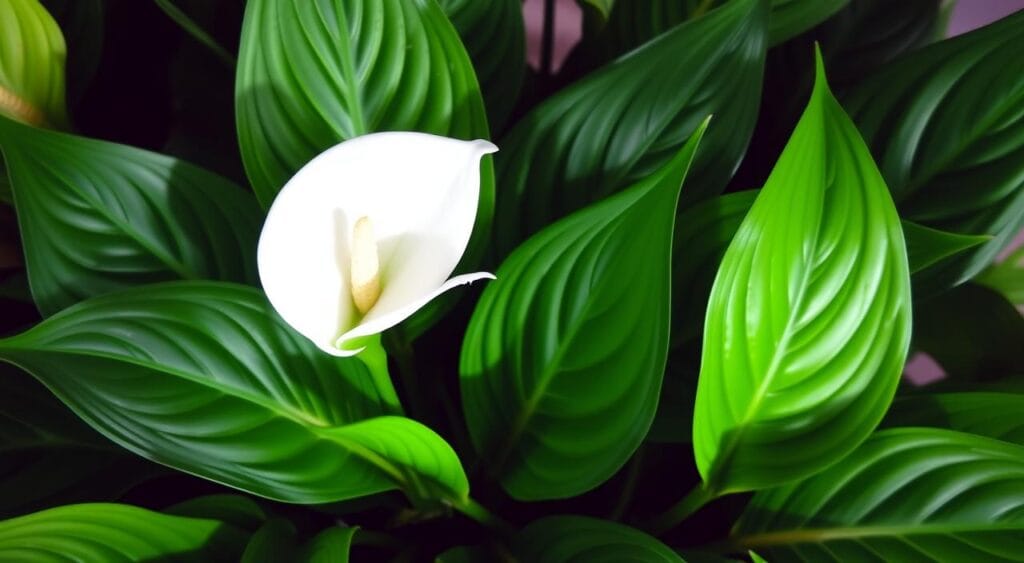A vibrant, close-up photograph of the "lírio da paz" flower, also known as the peace lily. The lush, verdant plant fills the frame, its large, glossy leaves and pristine white blooms bathed in soft, natural lighting that accentuates their delicate details. The flower appears to be in full bloom, its graceful, curved petals gently unfurled, conveying a sense of tranquility and serenity. The background is slightly blurred, allowing the plant to be the central focus, drawing the viewer's attention to its captivating beauty and the characteristics that have made it a beloved household plant. A vibrant, close-up photograph of the "lírio da paz" flower, also known as the peace lily. The lush, verdant plant fills the frame, its large, glossy leaves and pristine white blooms bathed in soft, natural lighting that accentuates their delicate details. The flower appears to be in full bloom, its graceful, curved petals gently unfurled, conveying a sense of tranquility and serenity. The background is slightly blurred, allowing the plant to be the central focus, drawing the viewer's attention to its captivating beauty and the characteristics that have made it a beloved household plant.