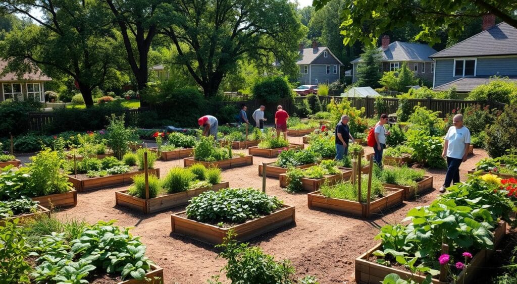 A vibrant community garden, nestled in a lush urban setting. Raised garden beds filled with verdant greens, herbs, and vibrant flowers. Winding paths meander through the plot, inviting visitors to explore. Sunlight filters through the canopy of trees, casting a warm glow over the scene. In the foreground, a group of neighbors tend to their crops, sharing knowledge and cultivating a sense of community. The background features a backdrop of cozy homes, highlighting the integration of this verdant oasis within the residential neighborhood. A peaceful, productive atmosphere emanates from this thriving community garden. A vibrant community garden, nestled in a lush urban setting. Raised garden beds filled with verdant greens, herbs, and vibrant flowers. Winding paths meander through the plot, inviting visitors to explore. Sunlight filters through the canopy of trees, casting a warm glow over the scene. In the foreground, a group of neighbors tend to their crops, sharing knowledge and cultivating a sense of community. The background features a backdrop of cozy homes, highlighting the integration of this verdant oasis within the residential neighborhood. A peaceful, productive atmosphere emanates from this thriving community garden.