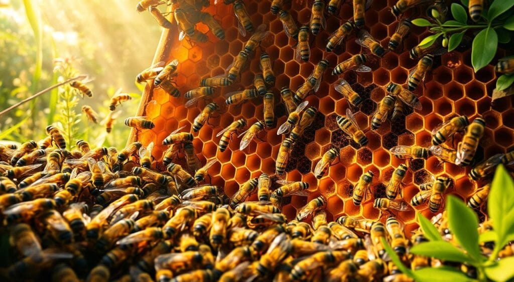 A vibrant, hyperrealistic depiction of a honeybee colony, showcasing its intricate societal structure. In the foreground, a bustling hive entrance with worker bees meticulously tending to their tasks, their compound eyes and furry bodies rendered in stunning detail. In the middle ground, a cross-section of the hive reveals the hexagonal honeycomb, with bees diligently constructing and maintaining the wax structures. Deeper within, the queen bee presides over her domain, surrounded by her attendants. The background depicts the lush, verdant foliage of the surrounding environment, with shafts of warm, golden sunlight filtering through. The overall scene conveys a sense of harmony, efficiency, and the delicate balance that sustains the cooperative society of the honeybees. A vibrant, hyperrealistic depiction of a honeybee colony, showcasing its intricate societal structure. In the foreground, a bustling hive entrance with worker bees meticulously tending to their tasks, their compound eyes and furry bodies rendered in stunning detail. In the middle ground, a cross-section of the hive reveals the hexagonal honeycomb, with bees diligently constructing and maintaining the wax structures. Deeper within, the queen bee presides over her domain, surrounded by her attendants. The background depicts the lush, verdant foliage of the surrounding environment, with shafts of warm, golden sunlight filtering through. The overall scene conveys a sense of harmony, efficiency, and the delicate balance that sustains the cooperative society of the honeybees.