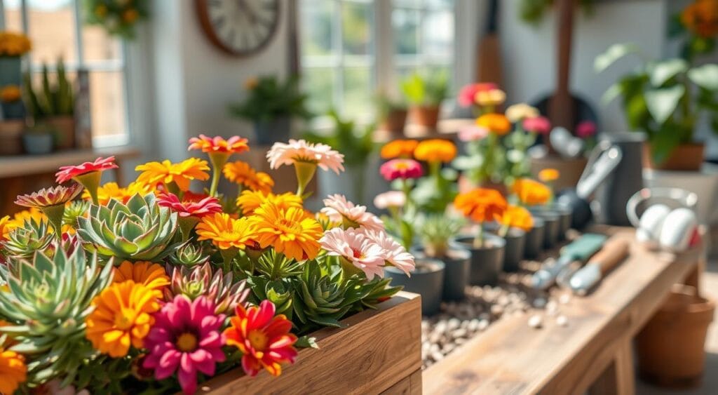 A vibrant, inviting arrangement of low-maintenance flowers, such as succulents, marigolds, and zinnias, showcased in a rustic wooden planter in a sunlit indoor space. In the foreground, the flowers are lush and colorful, with detailed textures showing healthy leaves and blooming petals. The middle ground features a well-organized potting area with gardening tools, soil, and small pebbles, adding to the gardening theme. In the background, soft natural light filters through a window, casting gentle shadows and highlighting the serene atmosphere. The overall mood is calm and cheerful, promoting the ease of cultivating plants at home. Use a macro lens to capture the beauty of the flowers, emphasizing their detail and vibrant colors for an engaging visual experience.